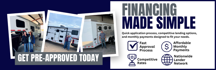Fast and flexible trailer financing options banner with photos of trailers and financing benefits, apply for financing today